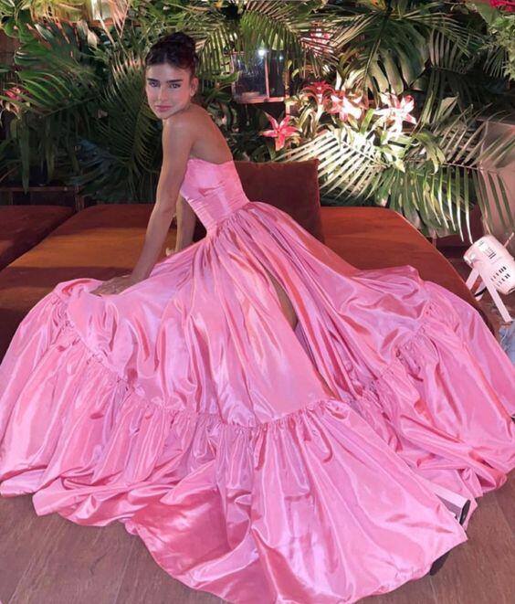 Strapless Pink A Line Satin Long Prom Dress With Slit SP65