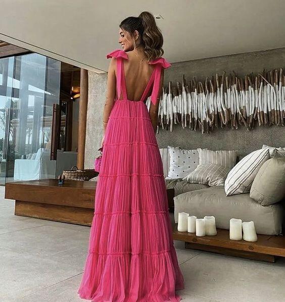 V Neck Pink Backless A Line Prom Dress SP64