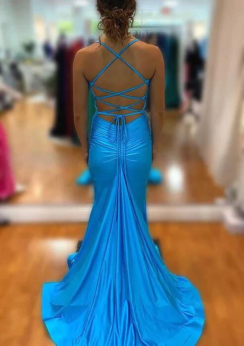 V Neck Blue Mermaid Satin Long Prom Dress With Split SP53