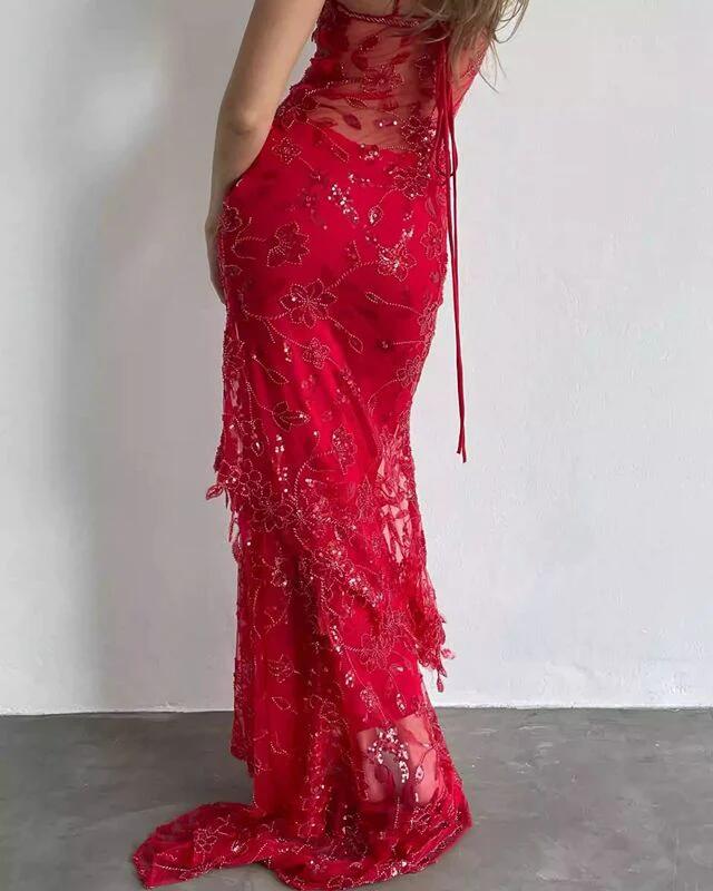 Beaded Lace Red Long Prom Dresses Sheath Evening Dress SP52