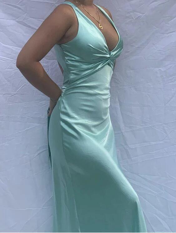 V Neck Tiffany Blue Mermaid Satin Long Prom Dress S59