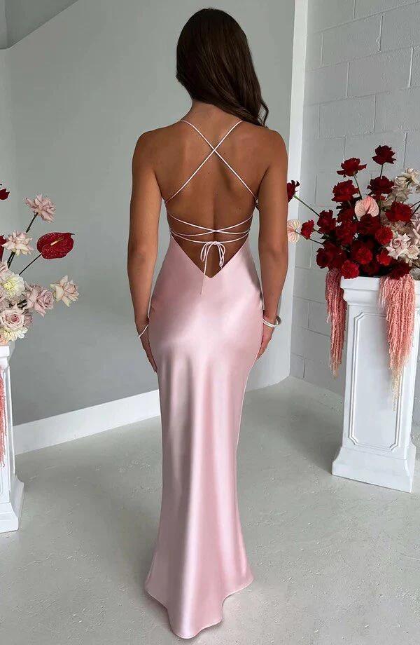Backless Sheath Pink Satin Party Dress Long Prom Dress SP55