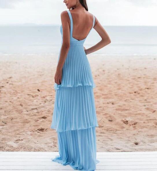 V Neck Blue A Line Pleated Long Prom Dresses SP62