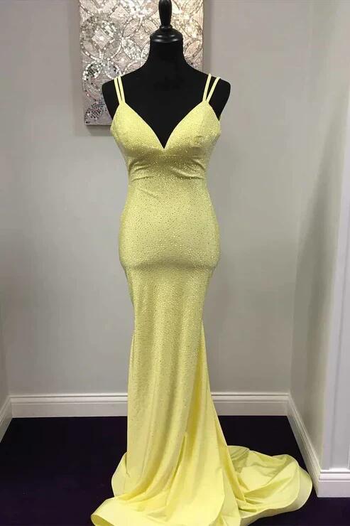 V Neck Yellow Mermaid Prom Dress With Rhinestones SP56