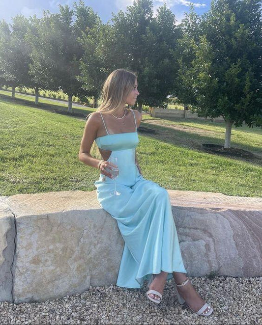 Tiffany Blue Satin Sheath Long Prom Dress SP66