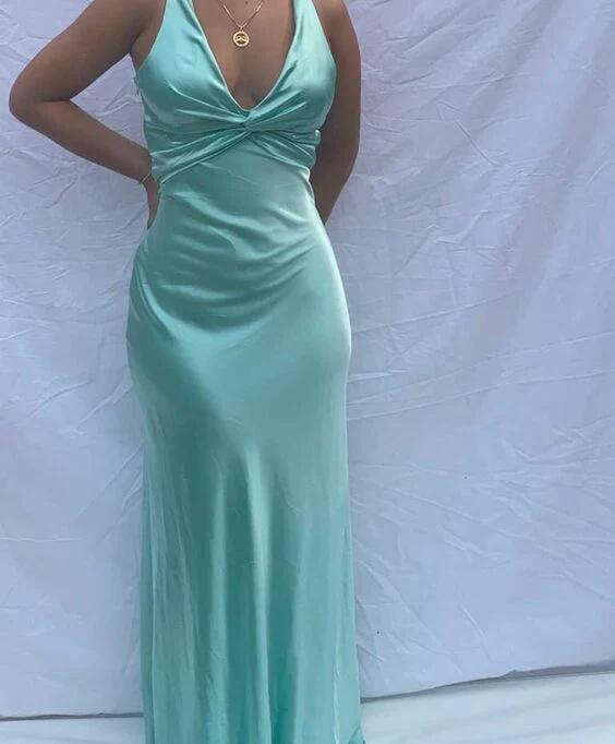 V Neck Tiffany Blue Mermaid Satin Long Prom Dress S59