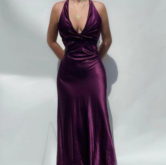 Dark Purple V Neck Satin Mermaid Long Prom Dress SP69