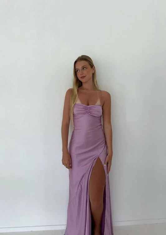 Purple Satin A Line Long Party Dress Slit Prom Dress SP70