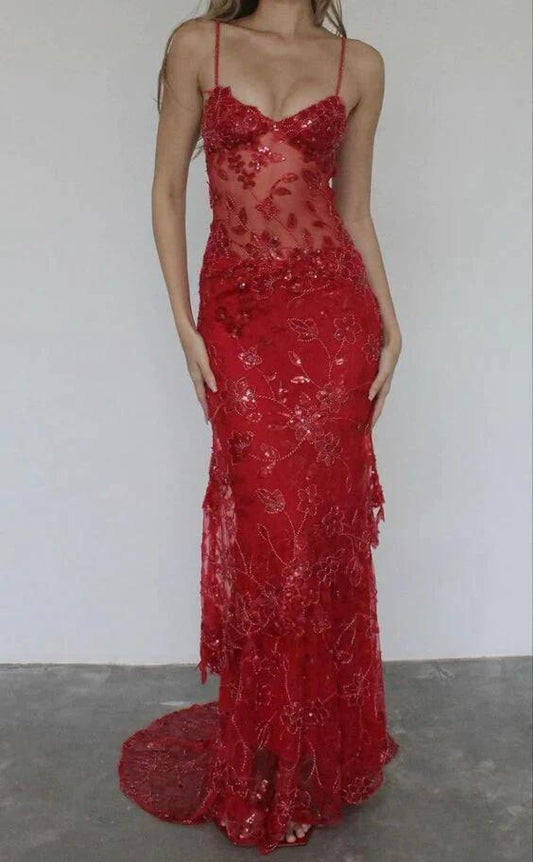 Beaded Lace Red Long Prom Dresses Sheath Evening Dress SP52