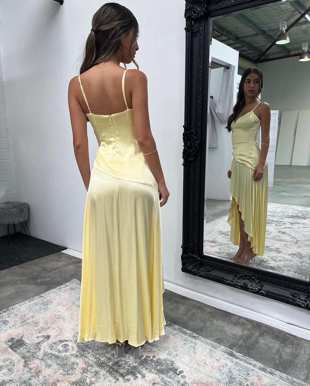 Spaghetti Straps V Neck Yellow Long Prom Dress A Line Formal Party Dress SP3