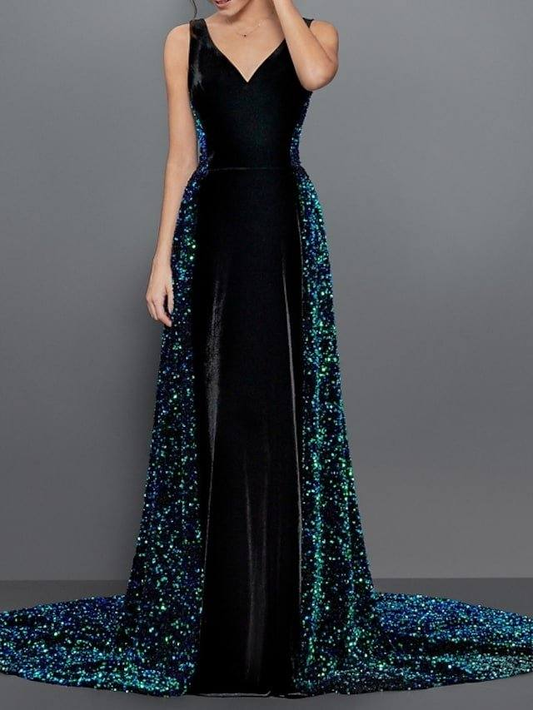 V Neck Black Long Prom Dress Sequin Formal Party Dress SP491