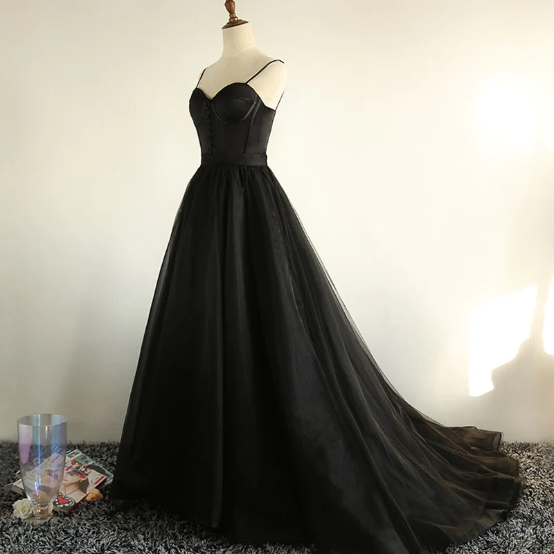 Spaghetti Straps Black Long Prom Dress A Line Erevening Dress SP26