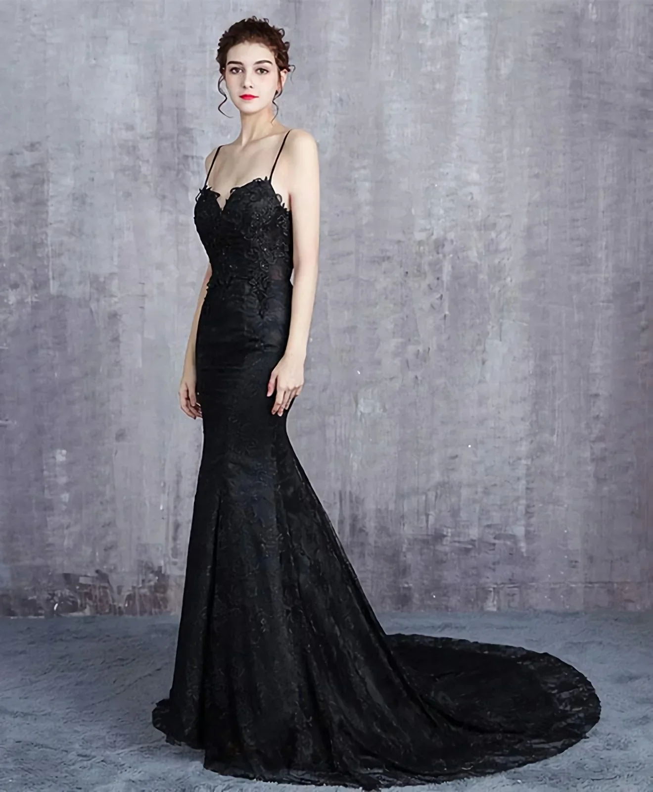 Spaghetti Straps Mermaid Black Embroidered Long Prom Dress V Neck Evening Dress SP35