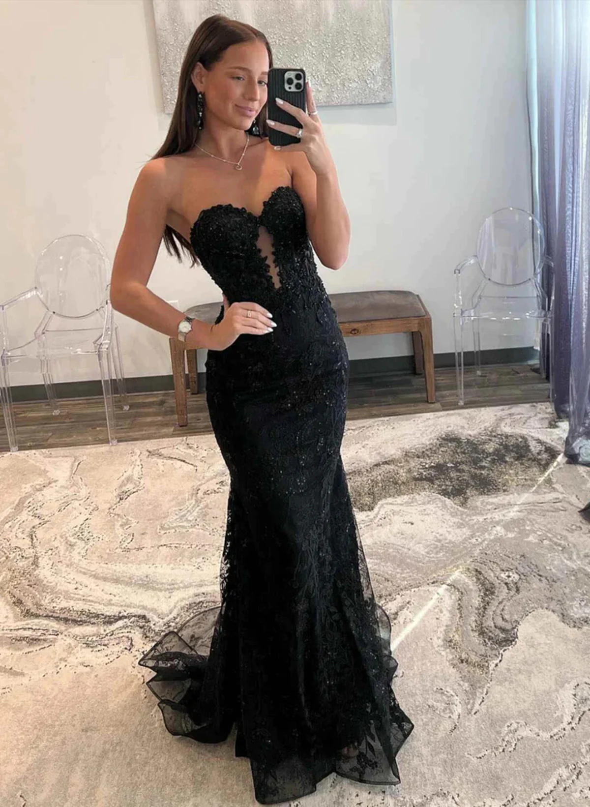Strapless Black Embroidered Evening Dress Mermaid long Prom Dress SP29