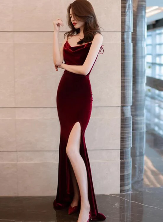 Spaghetti Straps Dark Red Evening Dress Backless Long Prom Dress With Slit SP30