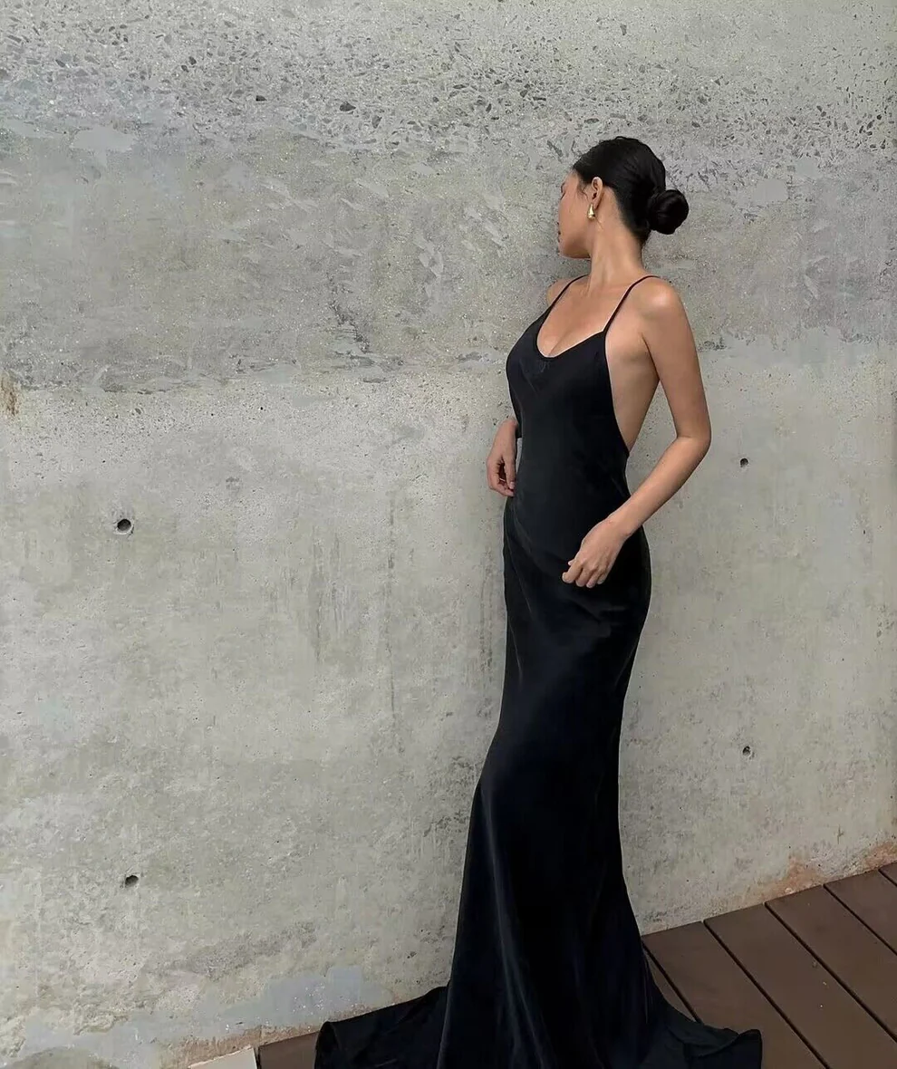 Paghetti Straps Black Mermaid Long Prom Dress SP46