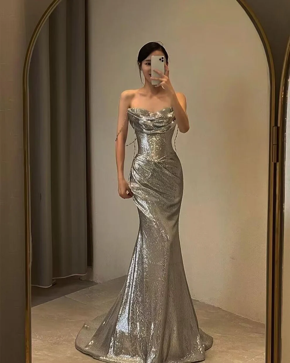 Spaghetti Straps Silver Mermaid Long Prom Dresses SP47
