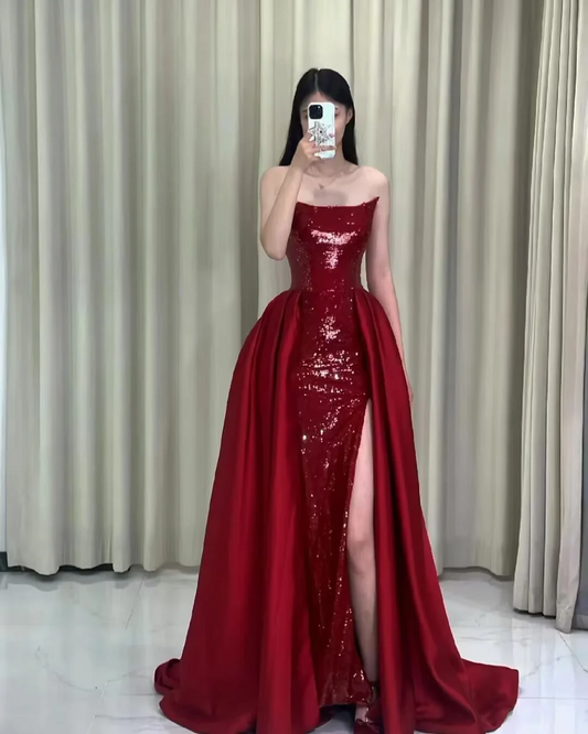 Strapless Red A Line Long Prom Dresses With Slit SP45