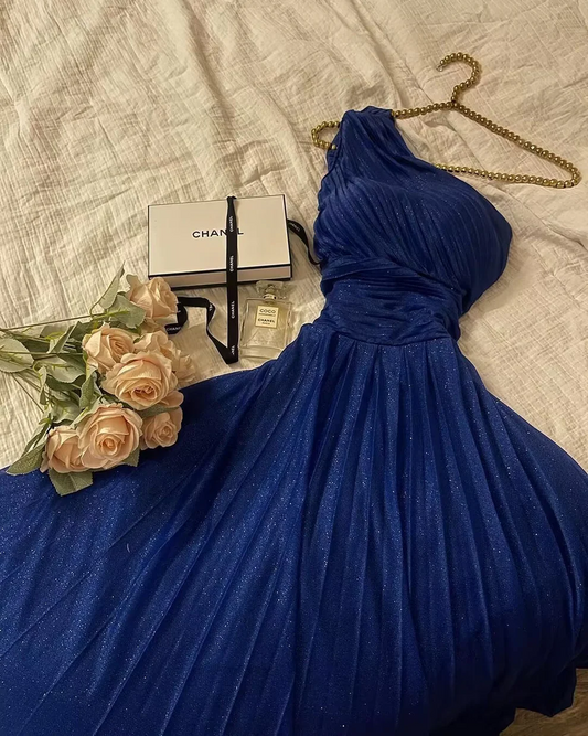 One Shoulder A Line Royal Blue Shiny Tulle Prom Dress SP50