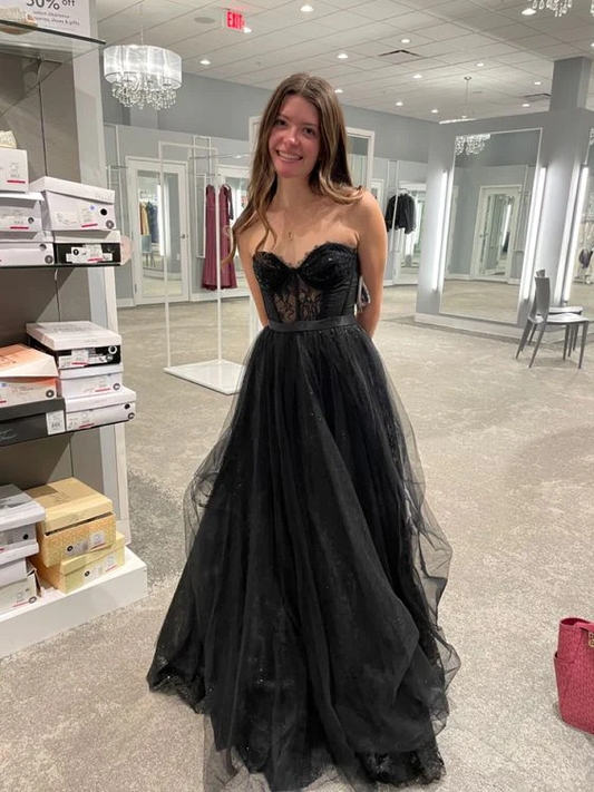 Strapless A Line Tulle Prom Dress Black Lace Evening Gown SP40