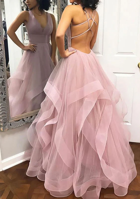 A Line V Neck Tulle Prom Dress Layered Birthday Party Dress SP593