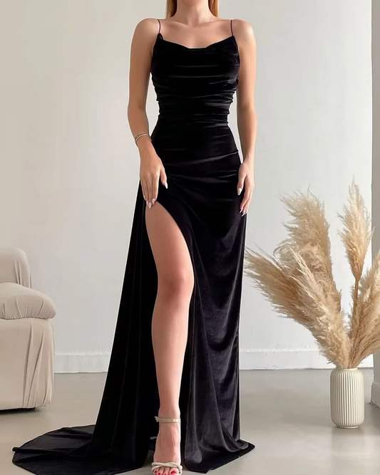 Spaghetti Straps Sheath Black Velvet Long Prom Dresses With Slit  SP295