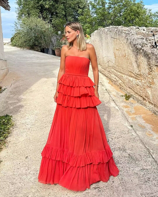 Strapless A Line Layered Red Prom Dress SP172
