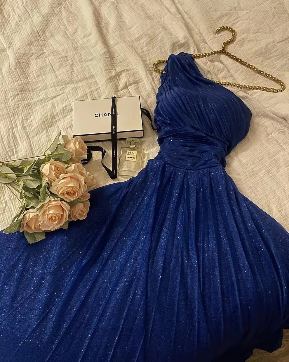 One Shoulder A Line Royal Blue Shiny Tulle Prom Dress SP217