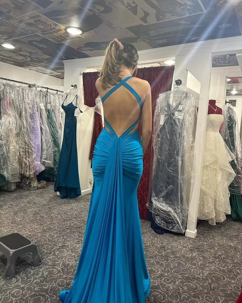 Blue V Neck Open Back Mermaid Long Prom Dresses SP144