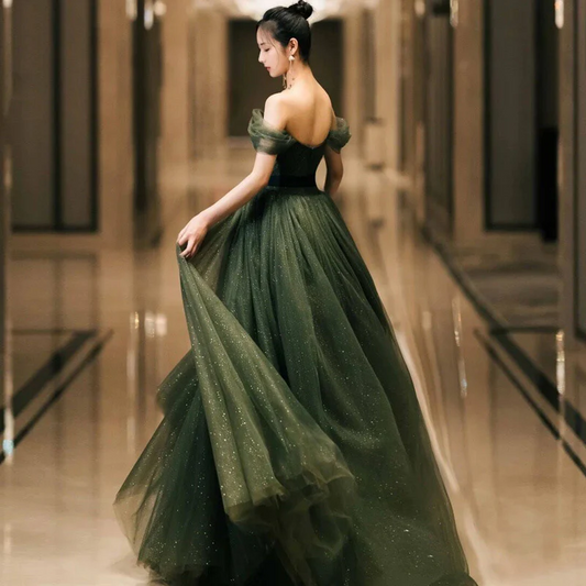 Off The Shoulder Green Tulle Prom Dress A Line Birthday Party Dress SP572