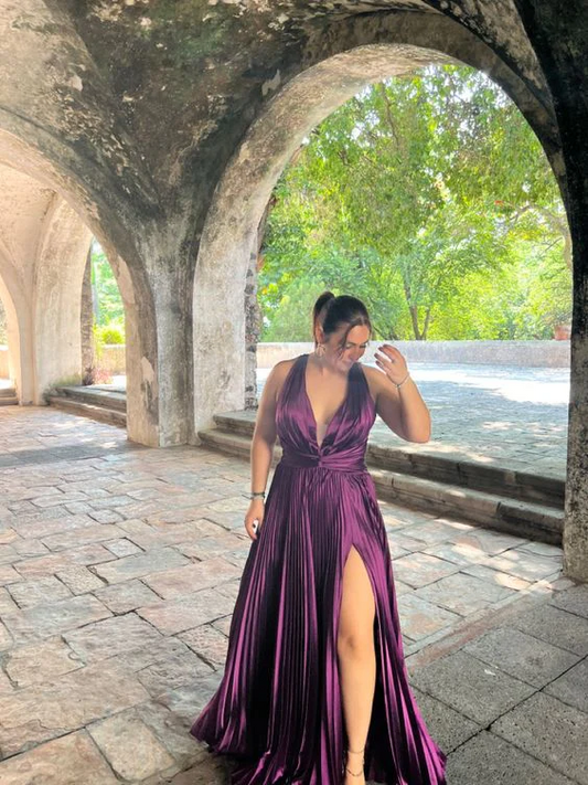 Spaghetti Straps  Sheath Purple Velvet Long Prom Dress With Slit SP330