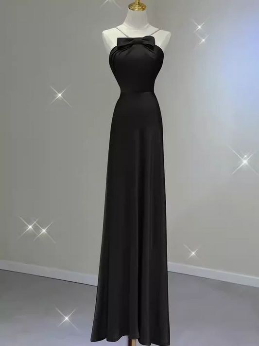 Spaghetti Straps A line Black Satin Long Prom Dress SP848