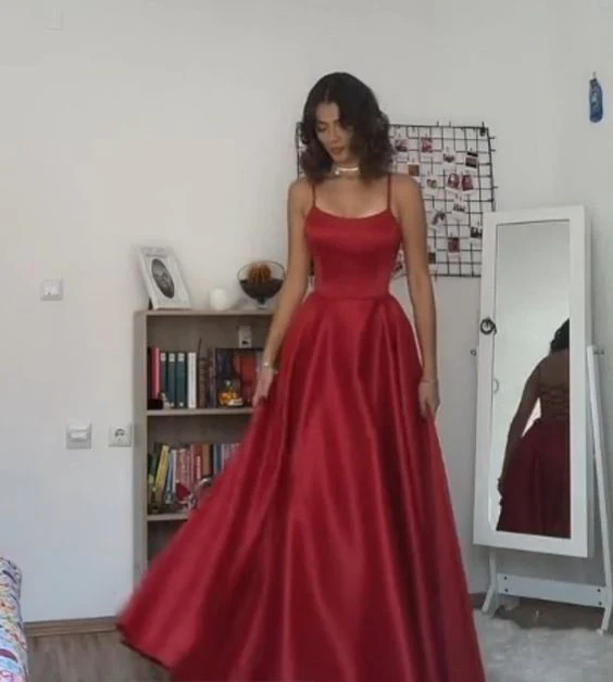 Spaghetti Straps A Line Red Long Prom Dresses SP804