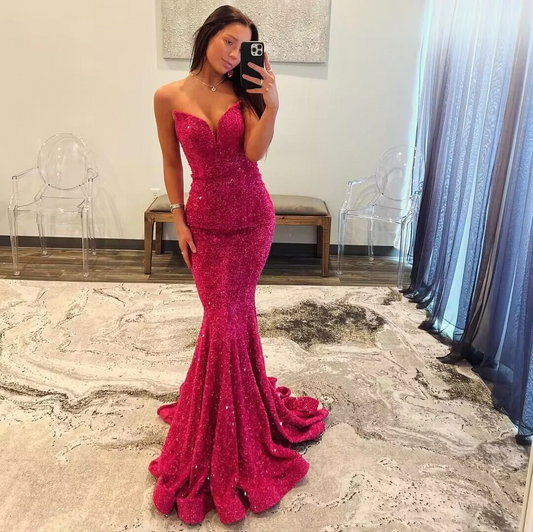 Rose Red V Neck Velvet Sequin Mermaid Evening Dress Long Prom Dresses SP254