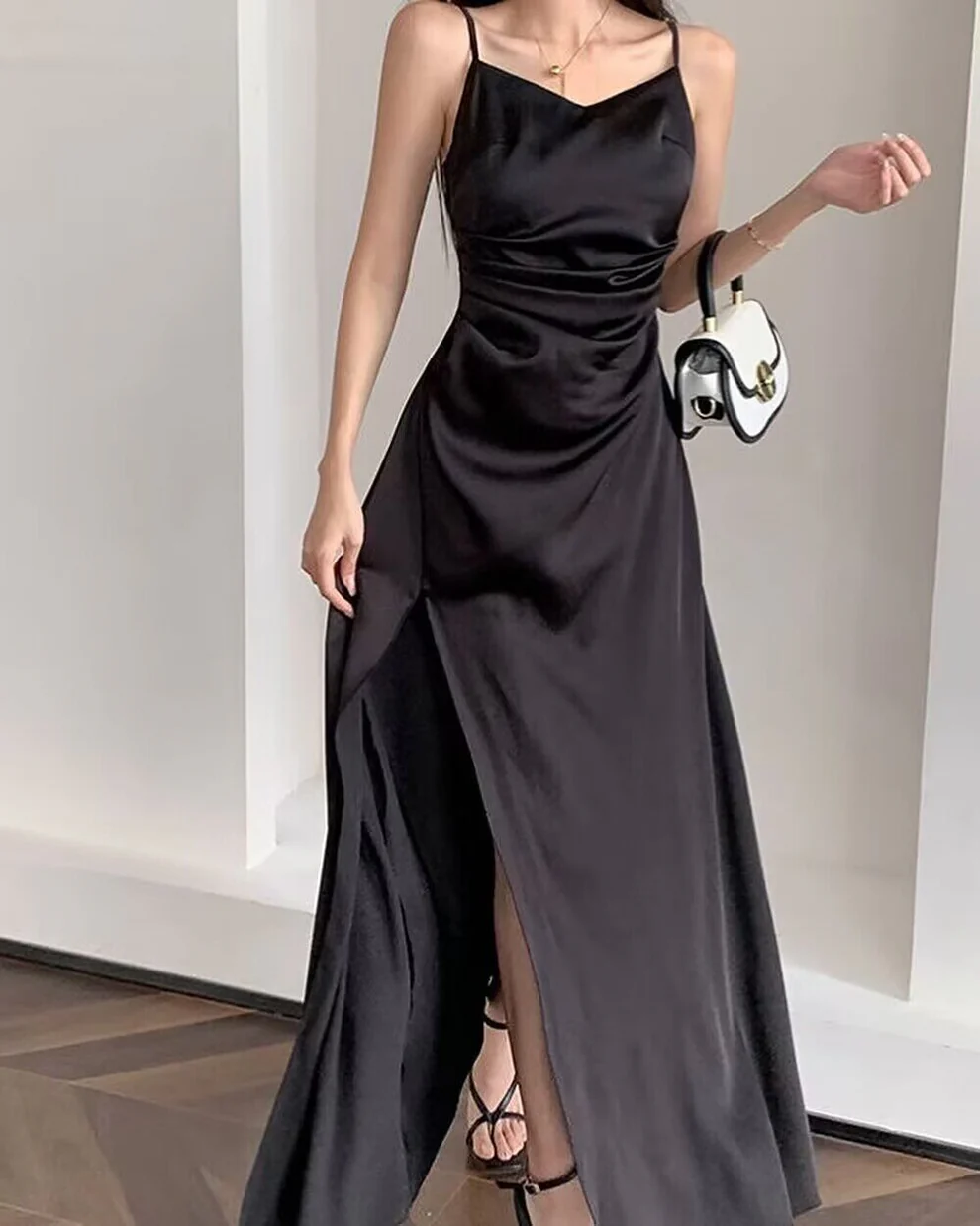 Spaghetti Straps Black A Line Satin Long Prom Dresses With Slit SP297