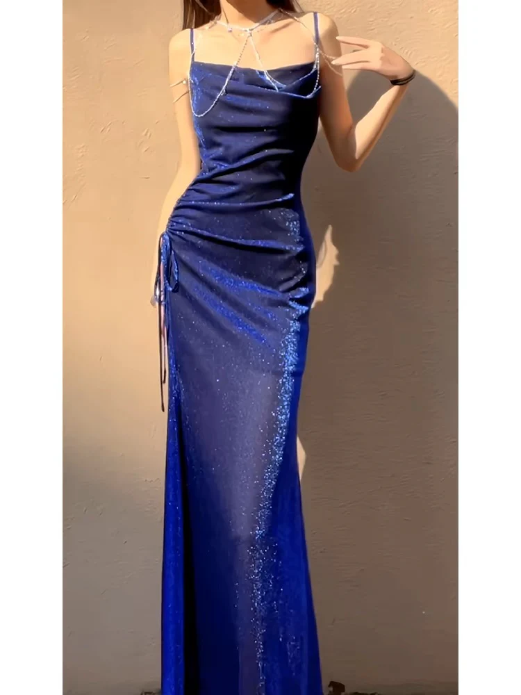 Spaghetti Straps Royal Blue Sheath Long Prom Dress Formal Party Dress SP389