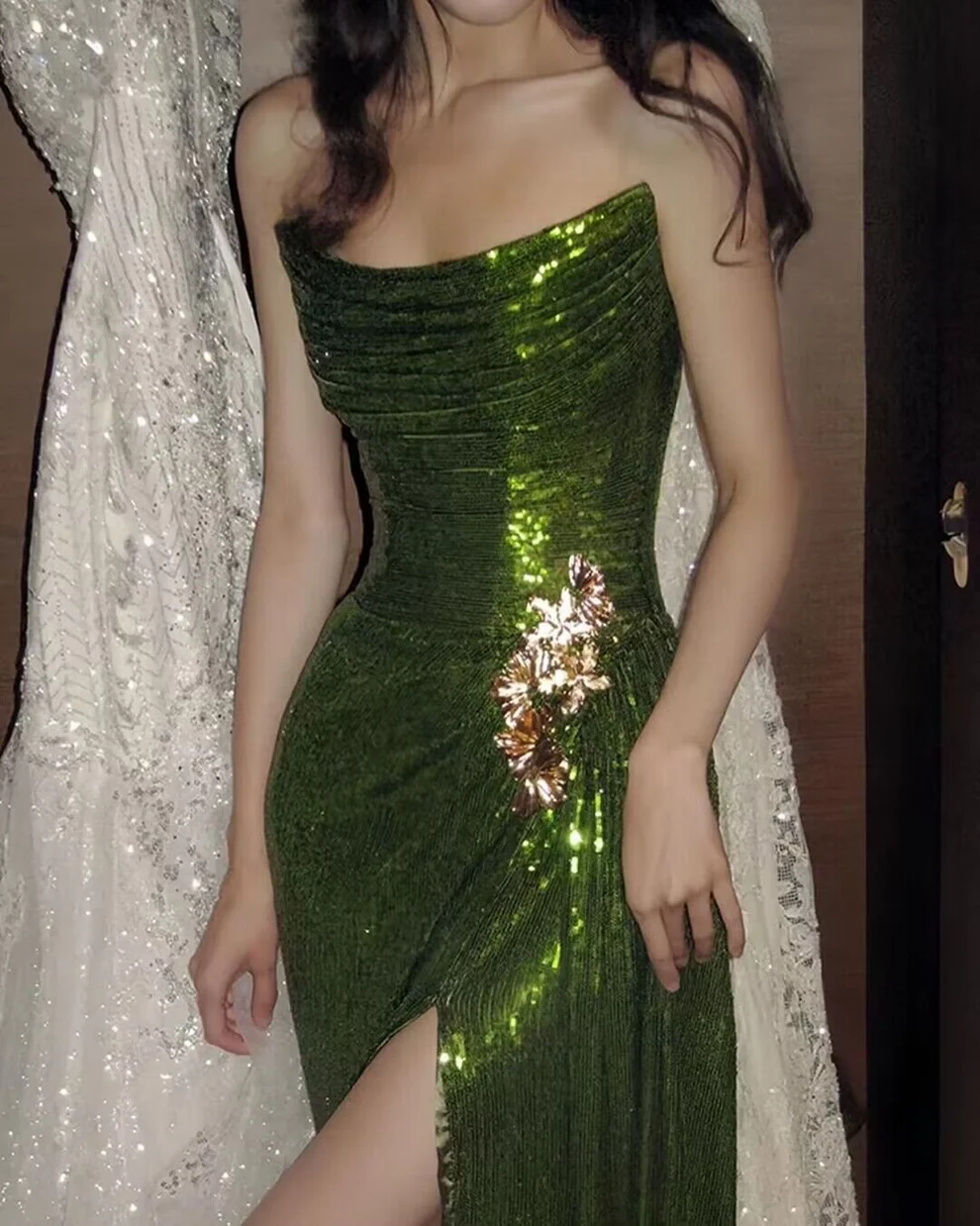 Strapless Green Mermaid Sequins Long Prom Dress With Slit SP121