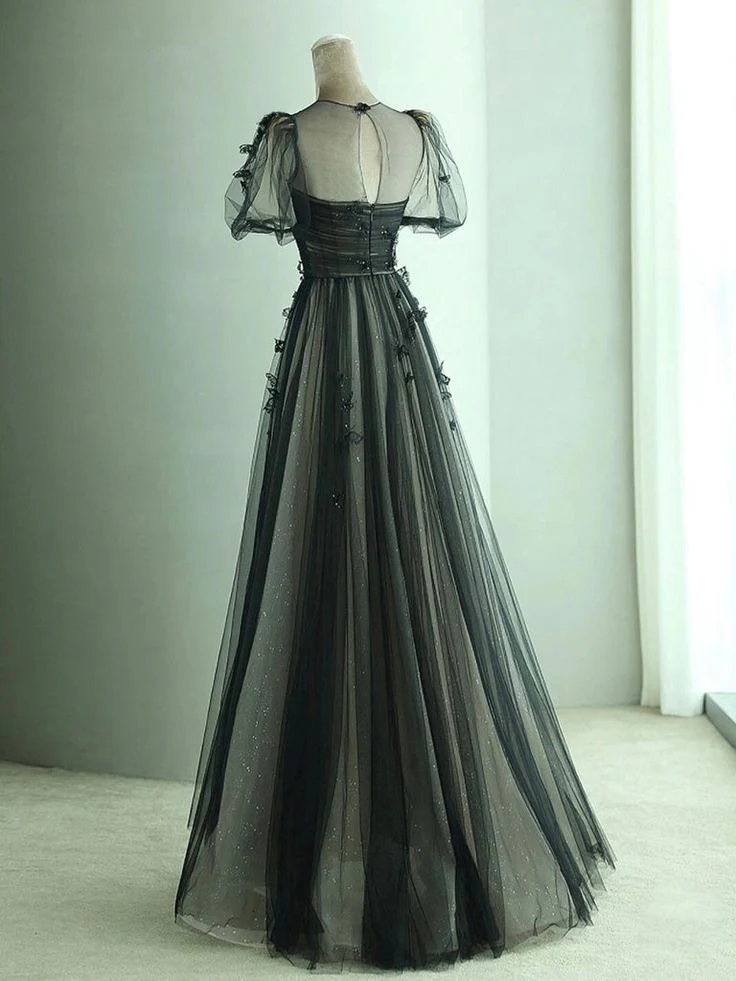 A Line Tulle Long Prom Dress Black Formal Evening Dress SP591