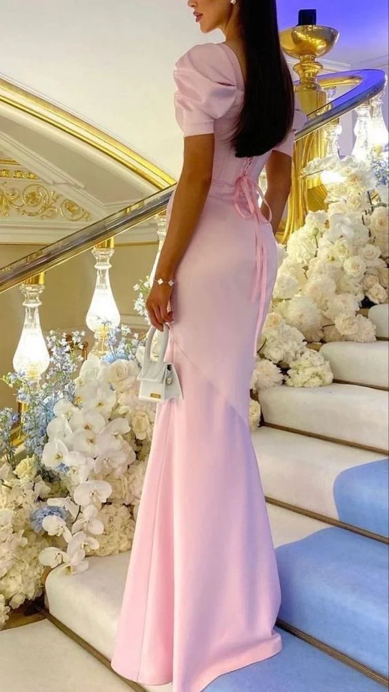 Pink Sheath Long Prom Dresses Short Sleeve Formal Party Gown SP516