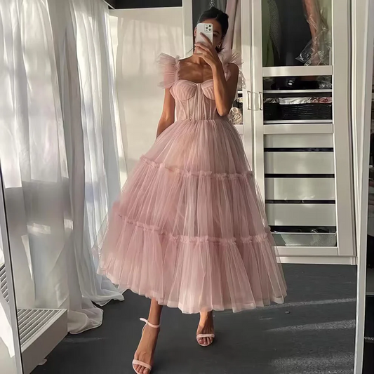 A Line Prom Dress Pink Tulle Homecoming Dress Short Prom Dress SP103