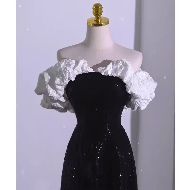 A line Off The Shoulder Black Sequin Long Prom Dress SP849