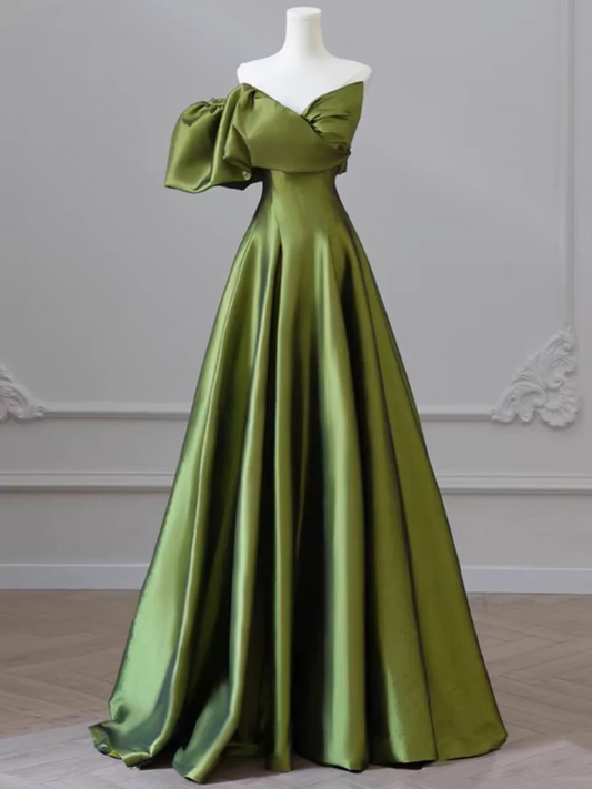 Green Satin A Line Birthday Party Dress Long Prom Dress SP414