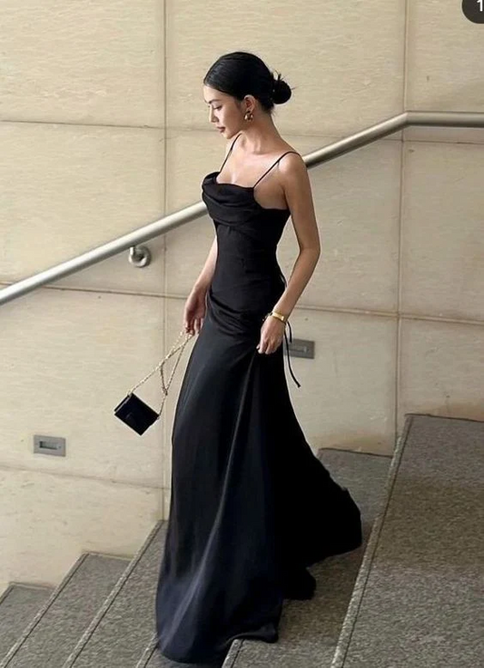 Spaghetti Straps Evening Dress  Black A Line Long Prom Dresses SP315