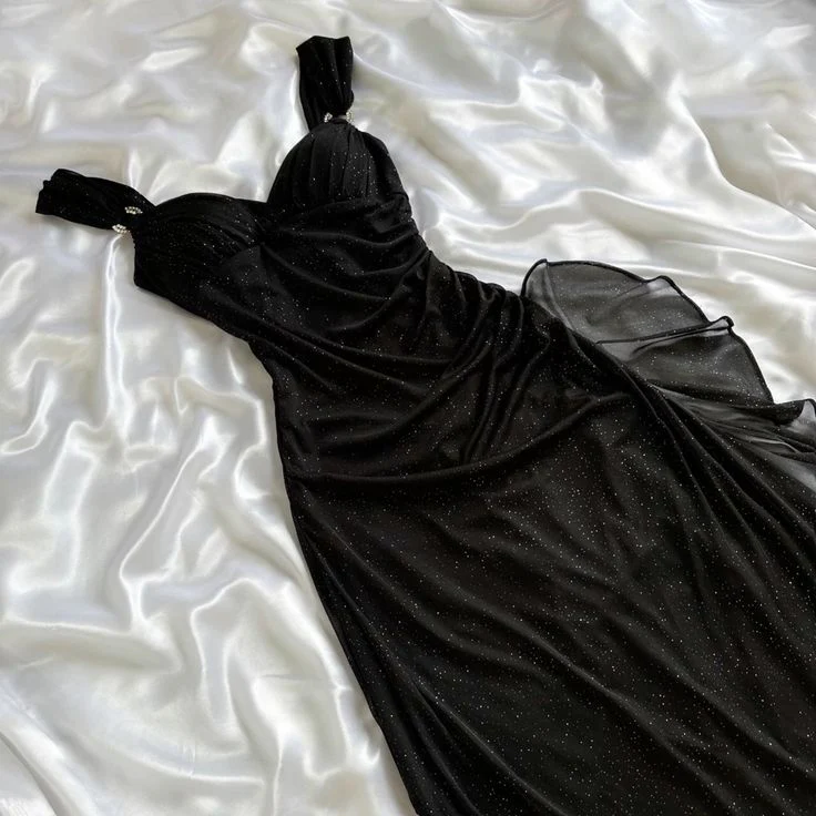 Black A Line Shiny Long Prom Dress Ruffled Evening Gown SP443