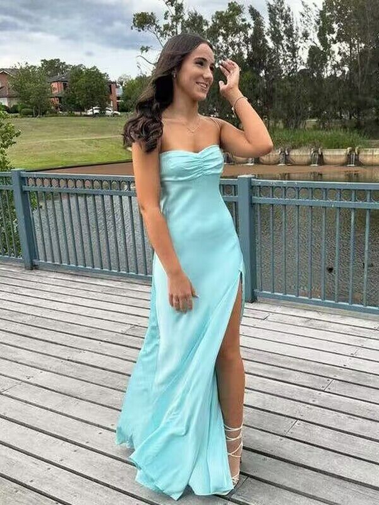 Tiffany Blue A  Line Formal Party Dress  Satin Long Prom Dress  With Slit SP106