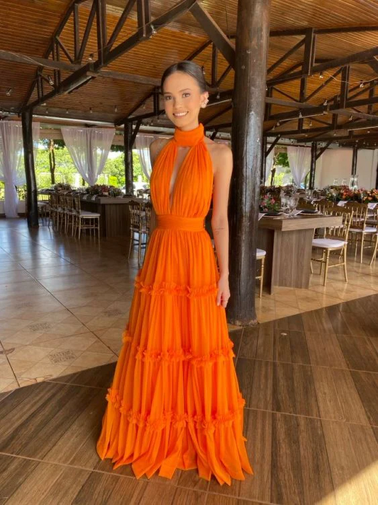 Orange Chiffon Elegant Long Evening Dress Prom Party Dress SP717