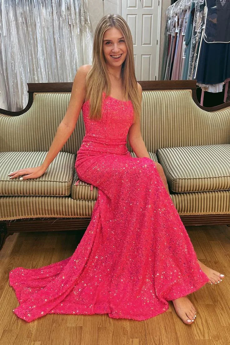Hot Pink Sequins Mermaid Open Back Long Prom Dresses SP456