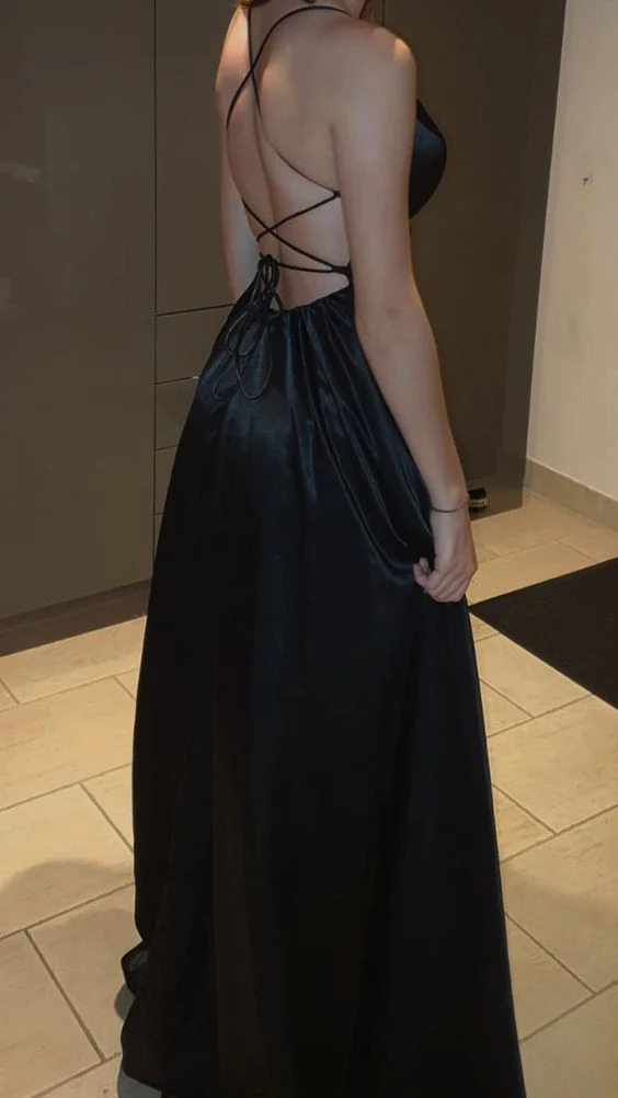 Spaghetti Straps A Line V Neck Black  Long Prom Dress With Slit SP807