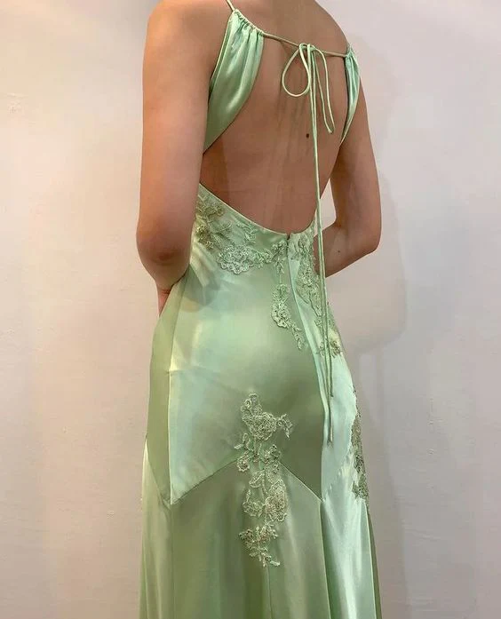 Green Satin A Line Long Prom Dresses Formal Party Backless Dress SP74