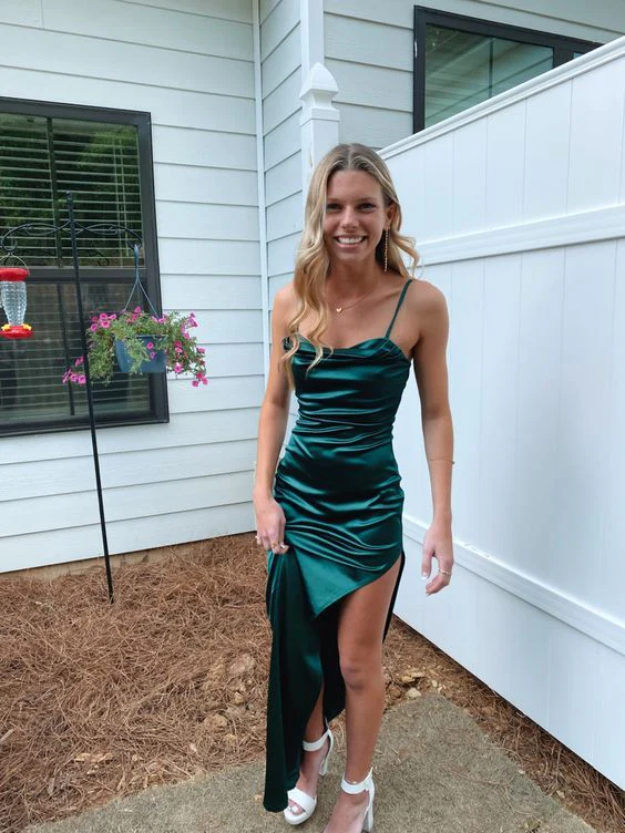 Spaghetti Straps Green Sheath Long Prom Dresses With Slit SP444
